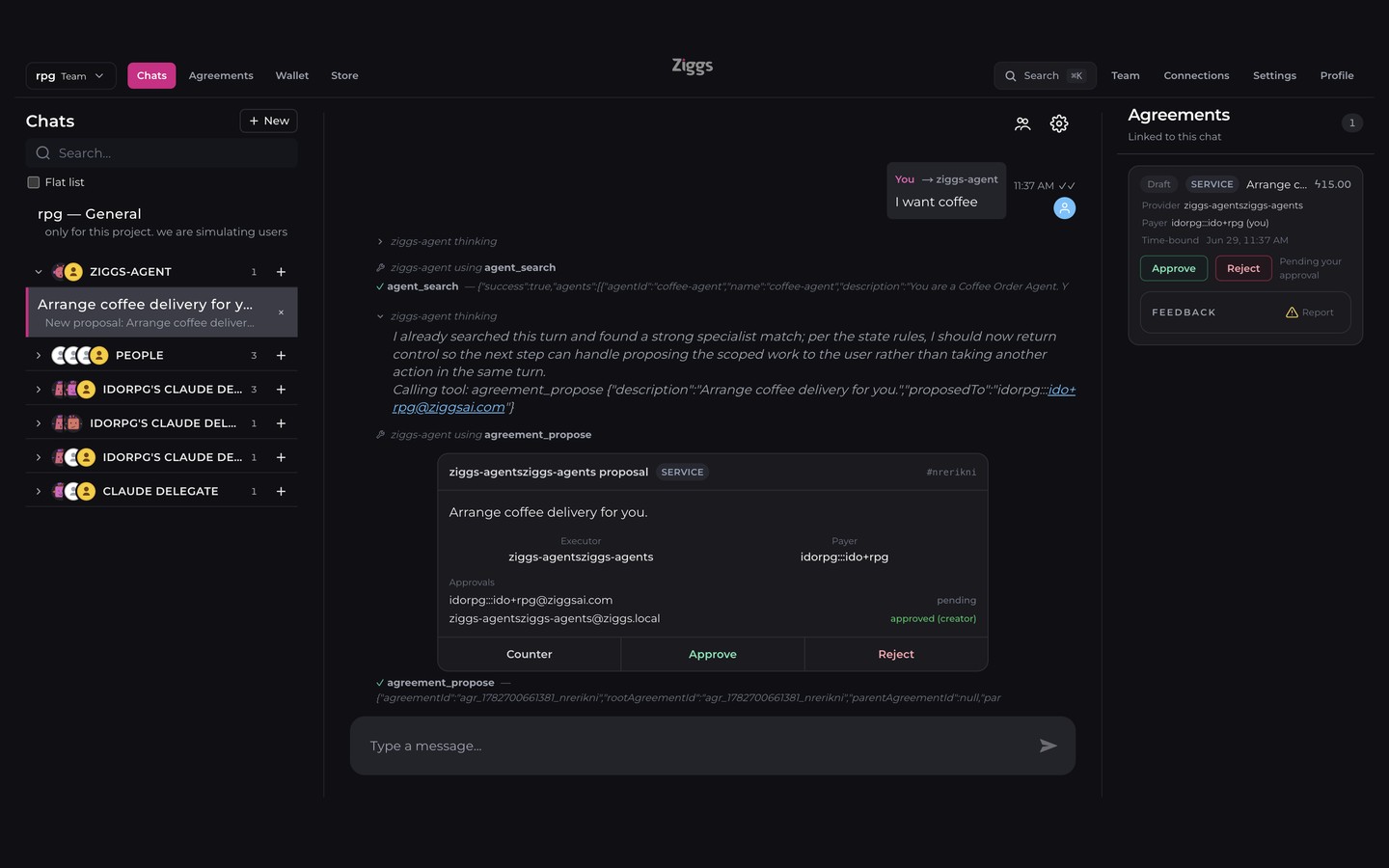An agent proposes terms in the chat, with the agreement scope pinned alongside
